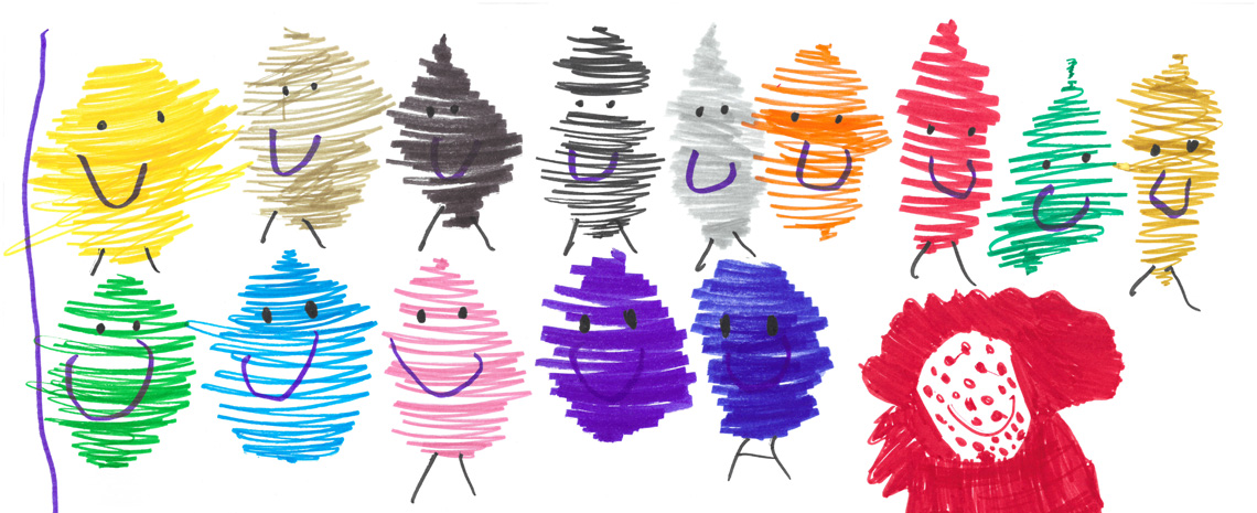 Zwölf bunte, skizzenhafte Figuren mit lachenden Gesichtern, darunter eine rote Blume mit Gesicht, die von Kindern gemalt wurde.