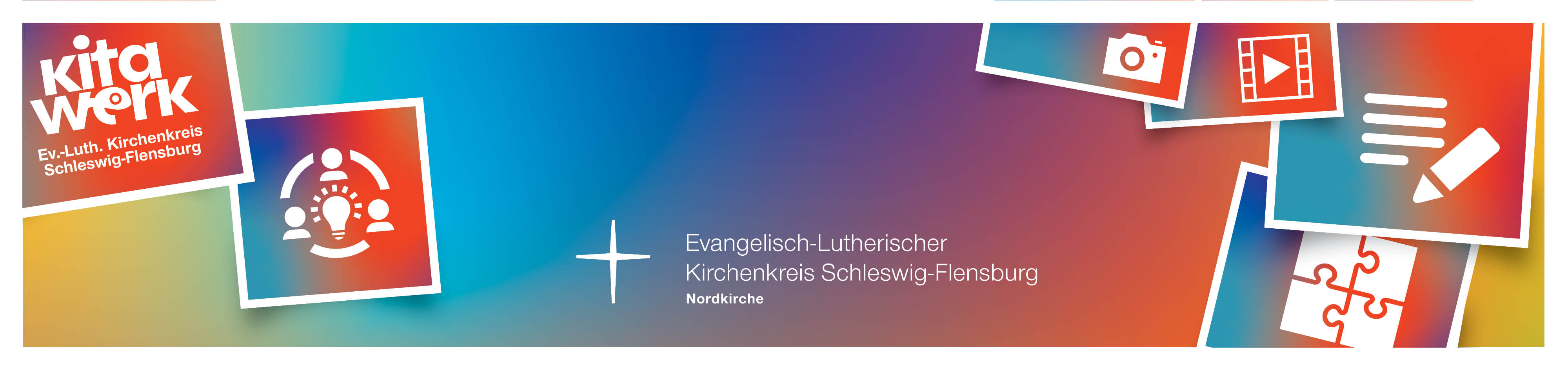 Kirchenlogo mit fünf bunten, überlappenden Kästchen. Darin sind Symbole: Kamera, Stift, Puzzle und KitaWerk-Logo. Die Regenbogenfarben stehen für Vielfalt.
